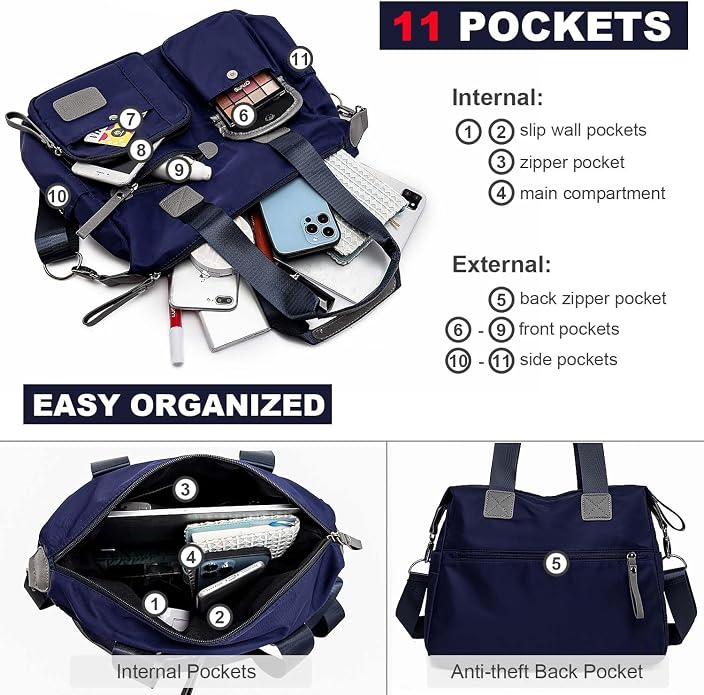 Tote Bag for Women,Multi Pockets Shoulder Handbag,Nurse Bag for Work,Large Cross body Purse,Fashion Nylon Top Handle Satchel - Image 7