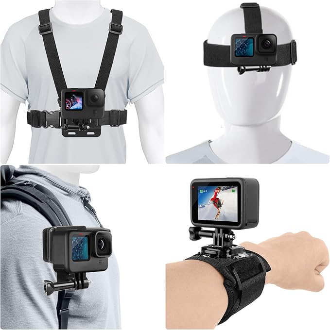 Chest Mount Harness, 4 in 1 Accessories Kit Compatible for Gopro Hero 13/12/11/10/9/8/7/6/5/4/3,Head Strap Mount,360°Rotation Wrist Strap Mount,Backpack Clip Holder,Adjustable Action Camera Mount Set by ChromLives