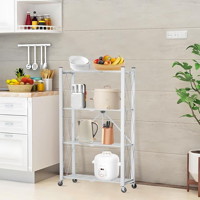 4-Tier Folding Shelf with Wheels No Assembly Portable Shelves | Folding Shelf Loads 600 LBS,Metal Steel Collapsible Shelves, Rolling Standing Utility Rack for Kitchen, Pantry, Office, White - Image 8