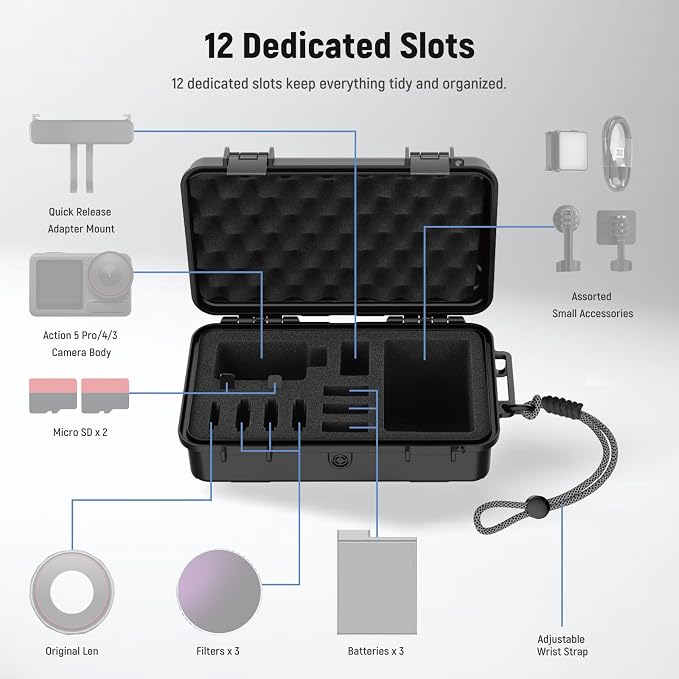 NEEWER Hard Case Compatible with DJI Osmo Action 5 Pro / 4/3 Camera, IP67 Waterproof Dustproof Shockproof Portable Travel Storage Case with Custom Foam Inserts & 12 Slots for Accessories, AC031 - Image 2