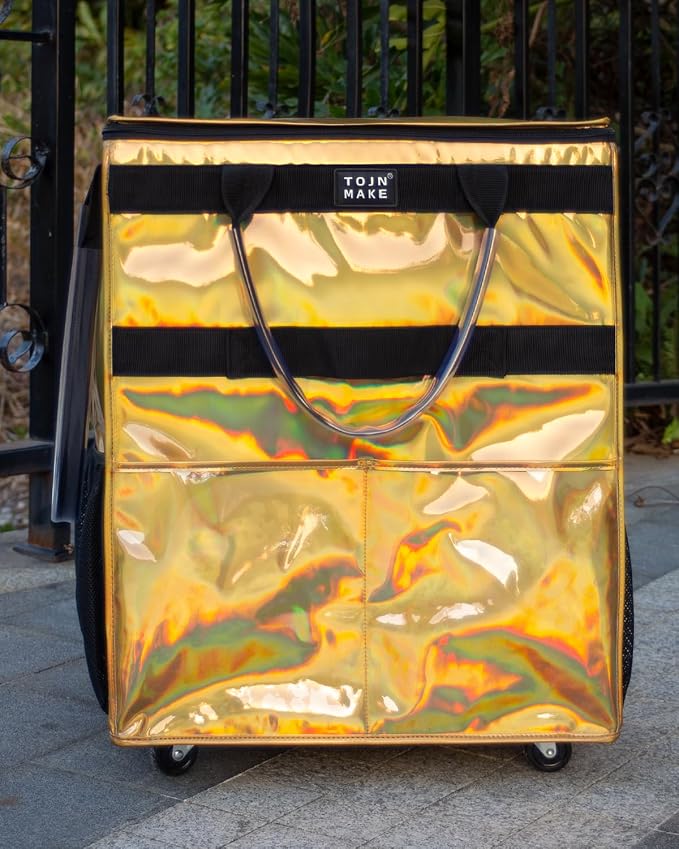 Reusable Grocery Bag with Wheels, Large Glitter Gold Rolling Tote | 8 Pockets, Zipper Cover, Foldable for Women, Kitchen, Travel, Carries Up to 76LBS - Image 3
