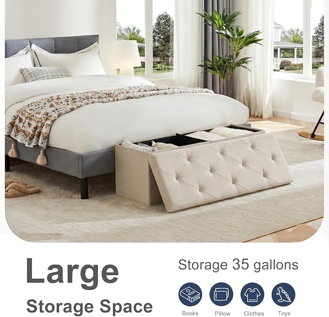 DUMOS 43 Inch Folding Storage Ottoman Bench, Large Ottoman with Storage | Storage Chest with Thicker Foam Padded Seat, End of Bed Foot Rest Stool for Bedroom Living Room Entryway, Load 660 lbs, Beige - Image 4