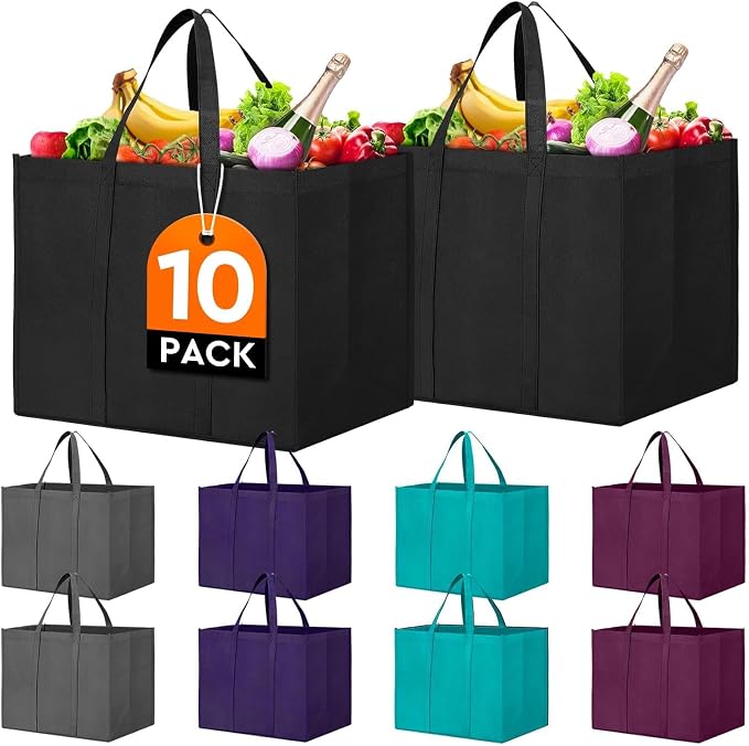 Reusable Grocery Shopping Bags 10 Pack Large Foldable Tote Bags Bulk | Eco Produce Bags with Long Handle for Shopping Groceries Clothes (New 5 Colors) by WiseLife