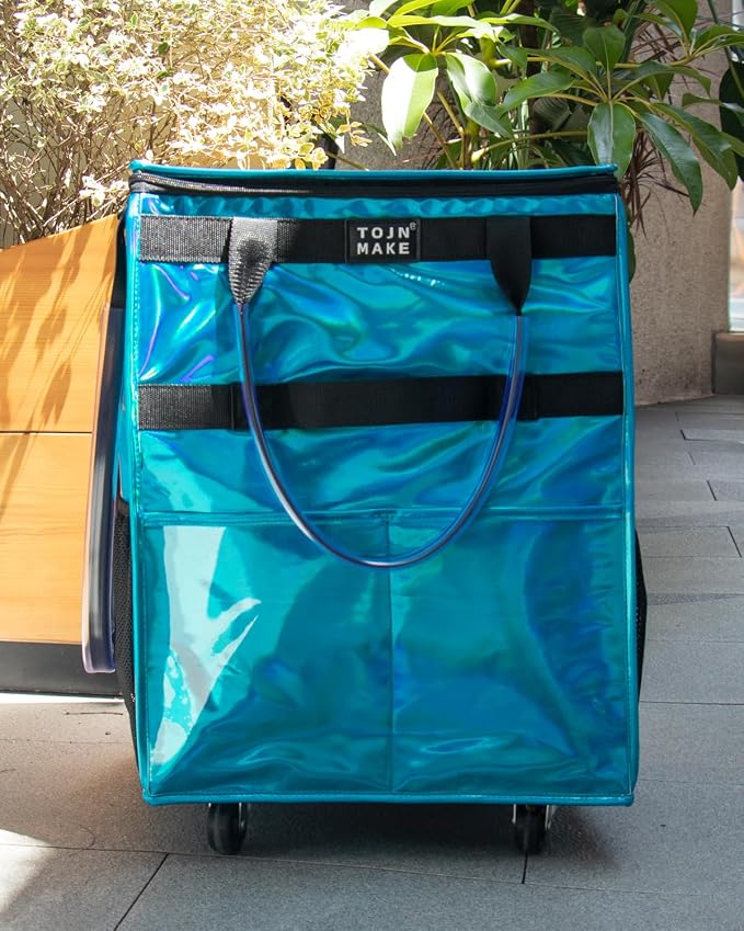 Reusable Grocery Bag with Wheels, Medium Glitter Blue Rolling Tote | 8 Pockets, Zipper Cover, Foldable for Women, Kitchen, Travel, Carries Up to 66LBS - Image 7