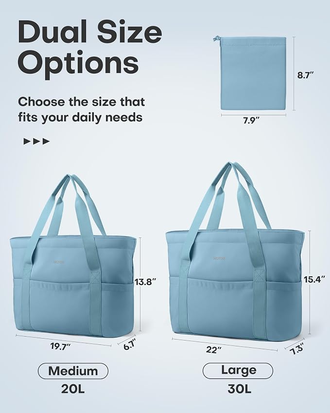 HOTOR Tote Bag for Women - Foldable Lightweight Tote Bags with Zipper, Large Shoulder Bag Top Handle Handbag Carry-On Bag for Travel, Shopping, Work, Light Blue, 19.7" x 6.7" x 13.8" - Image 3