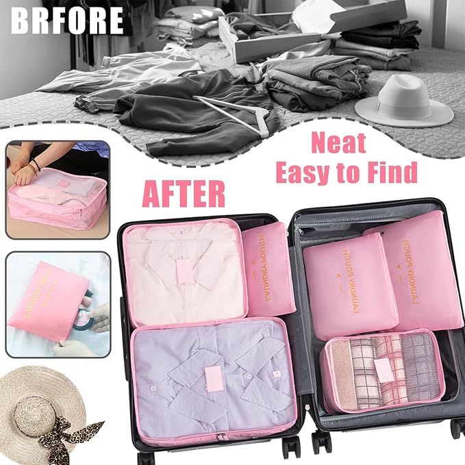 6 Set Packing Cubes for Travel Luggage Packing Bags Reusable Lightweight Suitcase Organizer Cubes Set for Travel Accessories (Pink) - Image 4