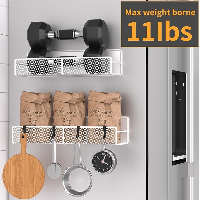 Magnetic Spice Rack for Refrigerator, 2 Pack Metal Magnetic Shelf White, Moveable Spice Organizer with Hooks, Super Magnetic Fridge Shelf for Kitchen Organization and Storage - Image 5