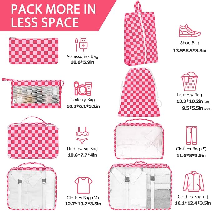 KPX 8 Set Packing Cubes for Travel, Luggage Packing Organizers Accessories Large Toiletries Bag for Clothes Shoes Cosmetics (8Set-Rose Checkered) - Image 2