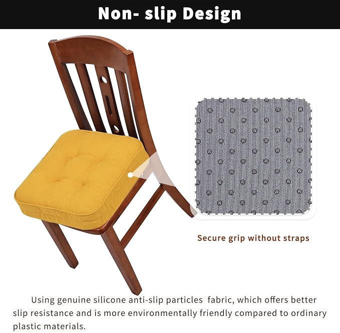 GOFORIT Memory Foam Cushion，Square Seat Cushions for Dining Chairs,Non-Slip Chair Pads with Removable Cover, 16'' x 16'', 2 Pack,Yellow - Image 4