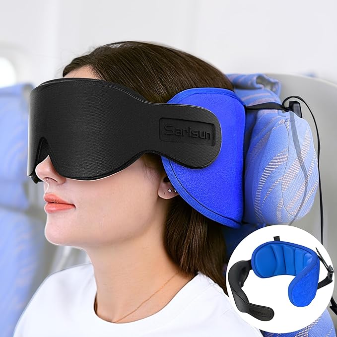 SARISUN Travel Pillow for Airplanes Sleep, Seat Strap for Stable Support | Airplane Pillow Head Strap with 3D Eye Mask, Stop Bobblehead, 360° Headrest Support for Long Flight Road Trip, Blue by SARISUN