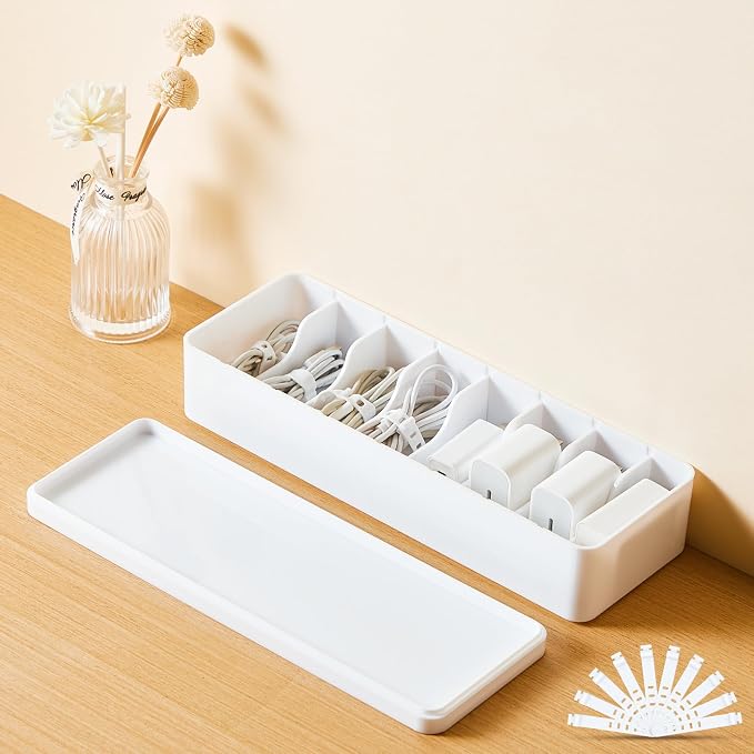 Tatuo 1 Pcs Cord Organizer for Drawer Desktop, Cable Organizer Box with 8 Compartments and Wire Ties, Plastic Charger Storage with Lid, Electronics Case for Home Office Accessories (Small,White) by Tatuo