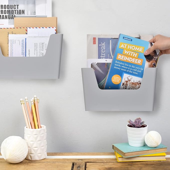 YOHOM Adhesive File Holder Plastic Document Folder Door No Drilling Mount Mail Magazine Organizer A4 Filing Envelopes Folder, Office Wall Mount Single Pocket(GREY, 2 PCS) - Image 3