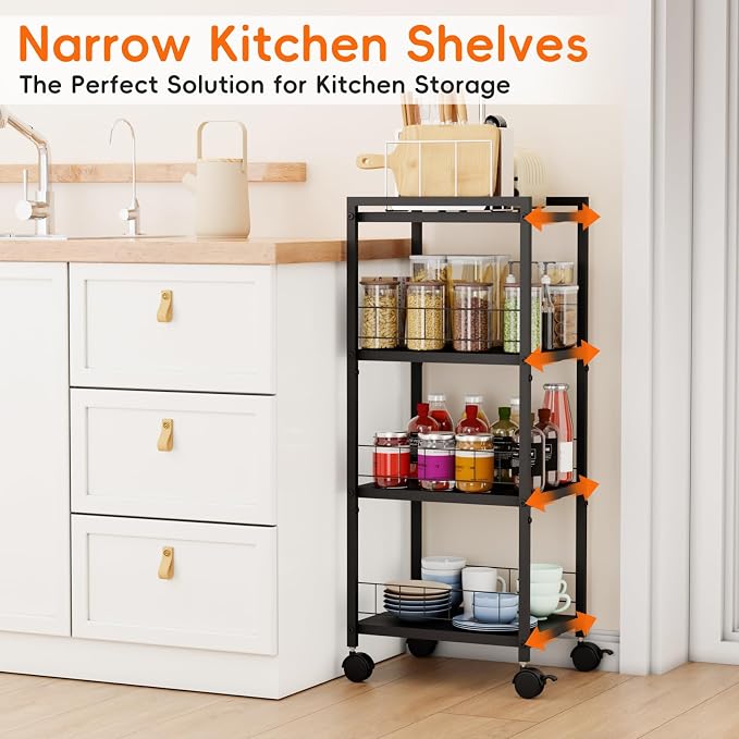 Expandable Slim Storage Cart with Wheels, 4 Tier Narrow Metal Rolling Utility Cart Organizer Adjustable Open Floor Shelving Unit for Small Spaces Bathroom Laundry Room Kitchen - Image 5