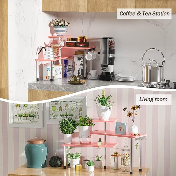 ZHWS Bathroom Counter Organizer Corner Shelf – Bathroom Organization Bamboo 3 Tier Spice Rack Makeup Organizer Bookshelf Space Saving Rack Kitchen Office Living Room (Pink) - Image 7