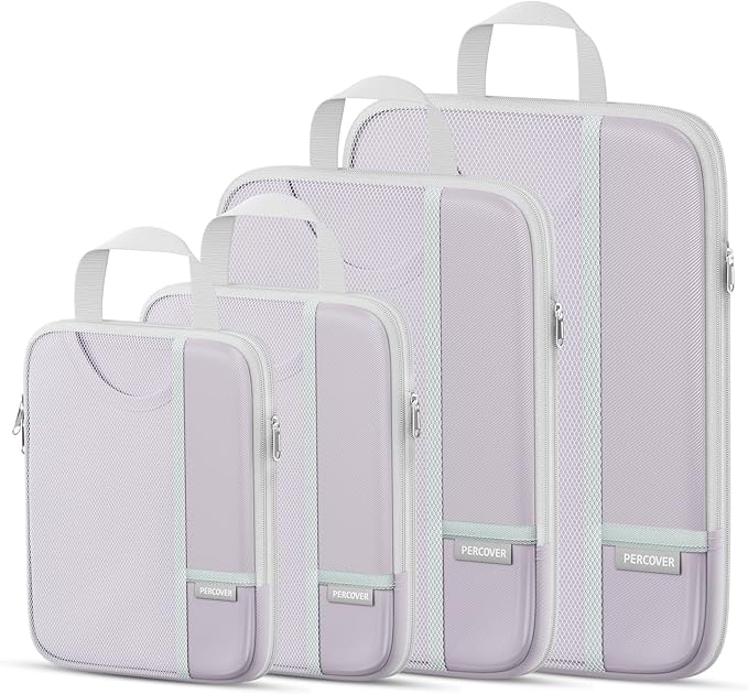 Percover Compression Packing Cubes for Travel, 4-Piece Structured Compression Organizer Set with Label Pockets for Carry-On & Checked Luggage, Purple by Unknown