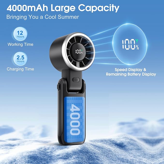 WHATOOK Portable Handheld Turbo Fan: 12m/s Strong Wind 15000RPM High Speed Mini Fan, 4000mAh Battery Rechargeable Personal Fan with LED Display, 3 in 1 Foldable Fan for Tech Gift, (Black) - Image 4