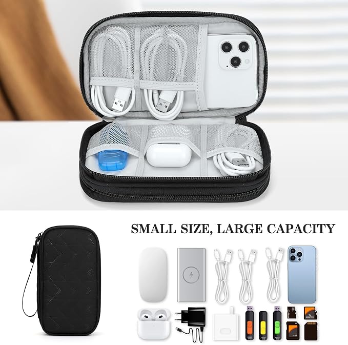 FYY Electronic Organizer, Travel Tech Pouch, Cable Organizer Black Quilted | Wrist Strap, Waterproof, Double Layers Portable Electronics Travel Carrying Case for Cord, Charger, Daily Business Trips Use - Image 6