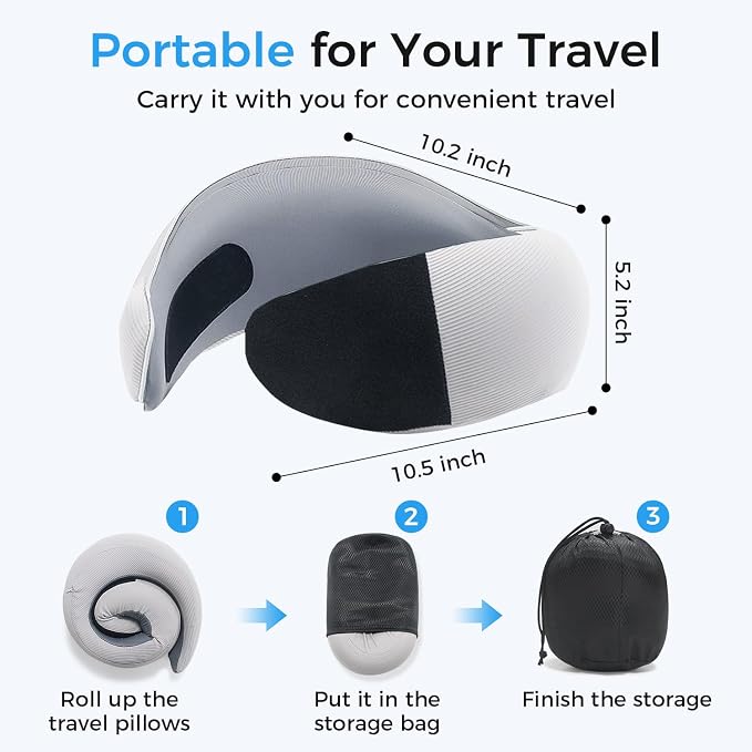 Travel Pillows, 100% Pure Memory Foam Neck Pillow for Airplanes, 360° Head Support, Ergonomic Design, with 3D Eye Mask, Earplugs and Storage Pouch, Airport Travel Essentials for Office, Airplane, Car - Image 6
