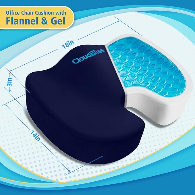 CloudBliss Gel Memory Foam Seat Cushion for Long Sitting, Large, Blue | Gel Chair Pad for Tailbone, Coccyx, Sciatica , Soft Suede Cover, Non-Slip , Washable Mesh, for office, home, car - Image 2
