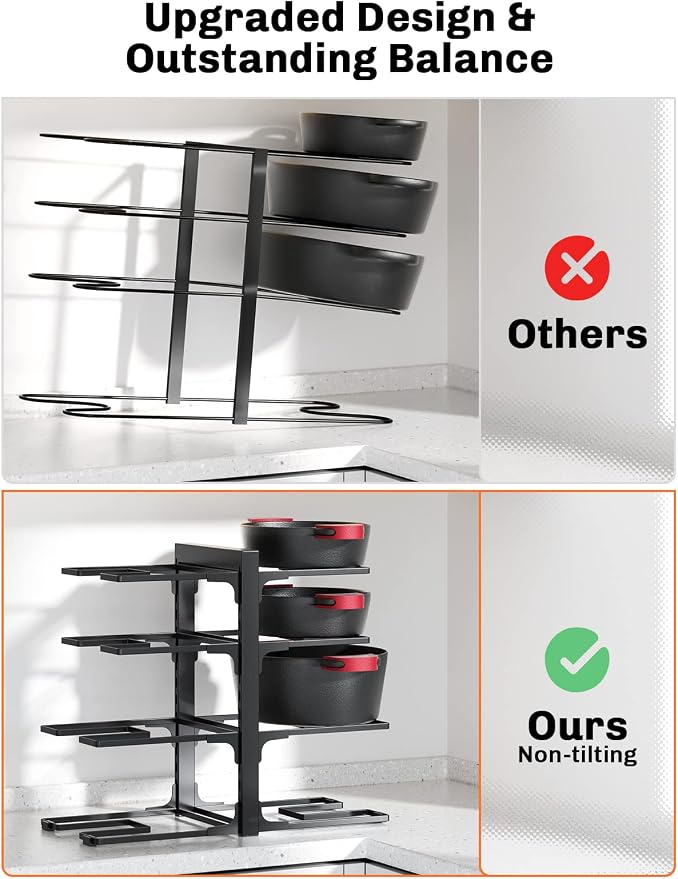 MUDEELA 8-Tier Heavy Duty Pots and Pans Organizer under Cabinet, Black | Adjustable 15.83" H pot rack, pan organizer Holds big stockpots, Cast Iron Skillet and cookware for use inside cabinets - Image 5