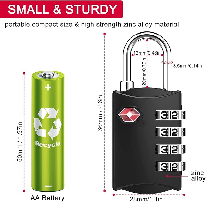 ZHEGE Travel Locks, TSA Approved Locks for Luggage, Baggage (2 Pack, Black) | 4 Digit Combination Zipper Padlocks for Backpack, Tent, Gym Locker - Image 5