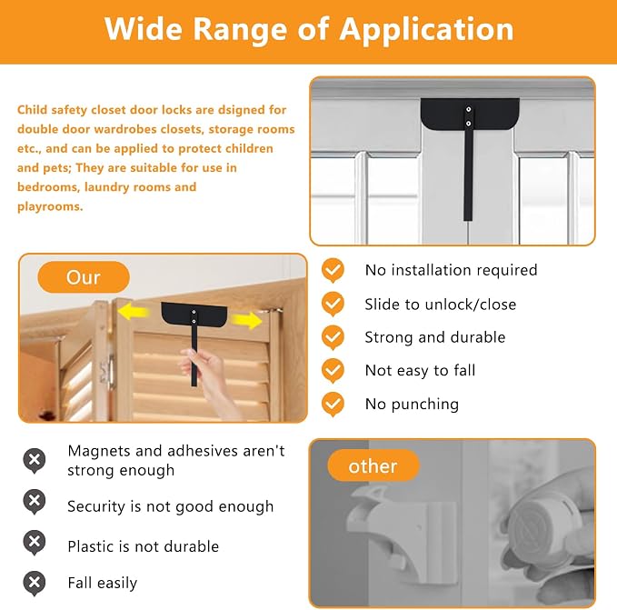 Adjustable Metal Bi-fold Door Lock, Keep Safety, Black, 2 Pack | Bifold Door Lock Kit for 0.6-2 Inch Thick Doors, Protection Child and Pet Proof Bi-fold Door Lock for Closet Cabinet Pantry - Image 7