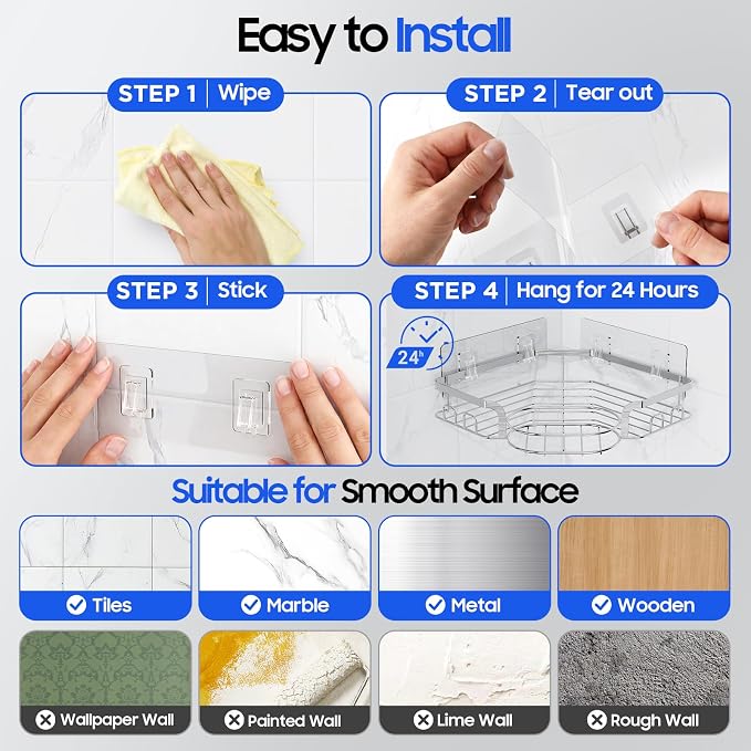 Corner Shower Caddy, Rustproof Shower Organizer with Soap Holder and 8 Hooks, No Drilling Adhesive Shower Shelves for Inside Shower, Large Capacity Shower Rack for Bathroom Shower Storage, Sliver - Image 7