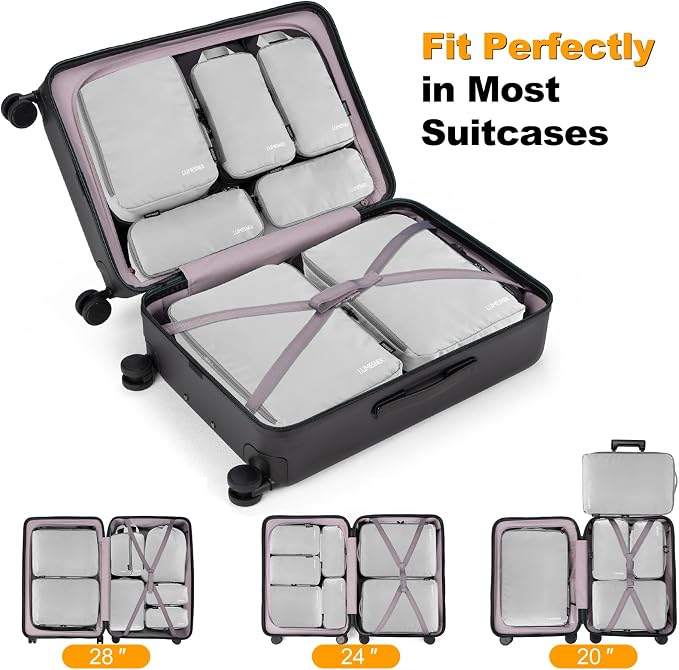 Lumesner 8-Piece Grey Compression Packing Cubes for Carry-On Suitcases, Lightweight Polyester Travel Packing Cubes with Zipper Closure - Image 3