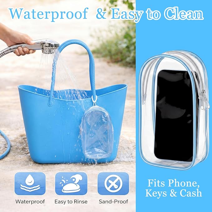 Medium Foldable Beach Tote Bag with Clear Phone Pouch 12.6" x 12"x 4.3" Washable Silicone Beach Bag for Short Trips Cruise Kayaking Picnics Camping Gym Pool Women Gift - Image 5