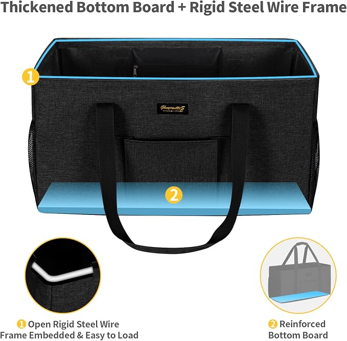 GhvyenntteS Extra Large Utility Tote Bag, Stand Up Utility Tote with Metal Wire Frame & Hard Bottom Board, Reusable Grocery Bags With Handles, Extra Large Beach Bag, Collapsible Car Tote - Image 3