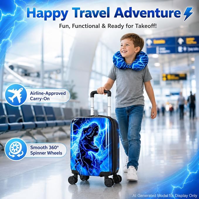UFNDC Lightweight Hardshell Spinner Luggage Set for Kids 2PCS with Wheels - Airplane Approved Carry-On Suitcase for Boys Ages 3-10, Lightning Dinosaur Rolling Suitcases for Elementary Toddler Travel - Image 8