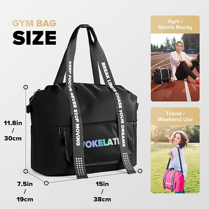 Sport Gym Bag for Women, Carry on Tote Personal Item Bag with Shoes Compartment, Travel Duffle Bag for Girl, Lightweight Overnight Luggage Bag for Travel, Airplanes, Sports - Black - Image 3