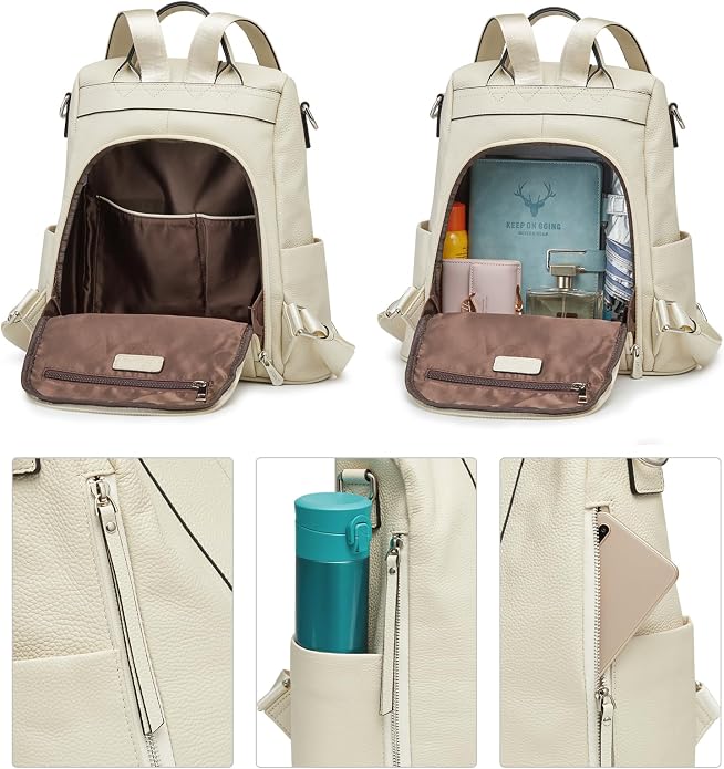 S-ZONE Leather Backpack Purses for Women Antitheft Rucksack Shoulder Bag Medium | Genuine Leather, Medium Fits 9.7-inch Tablet, for Work Travel Daily Commute, Multi Pockets, Adjustable Dual Straps - Image 3