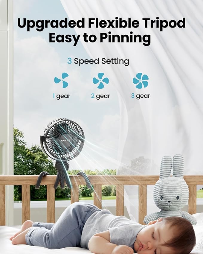 Gaiatop Mini Portable Stroller Fan, Small Clip on Fan 3 Speed Rechargeable | 360° Rotate Flexible Tripod, Battery Operated Detachable, Cooling for Car Seat Crib Treadmill Travel Black - Image 3