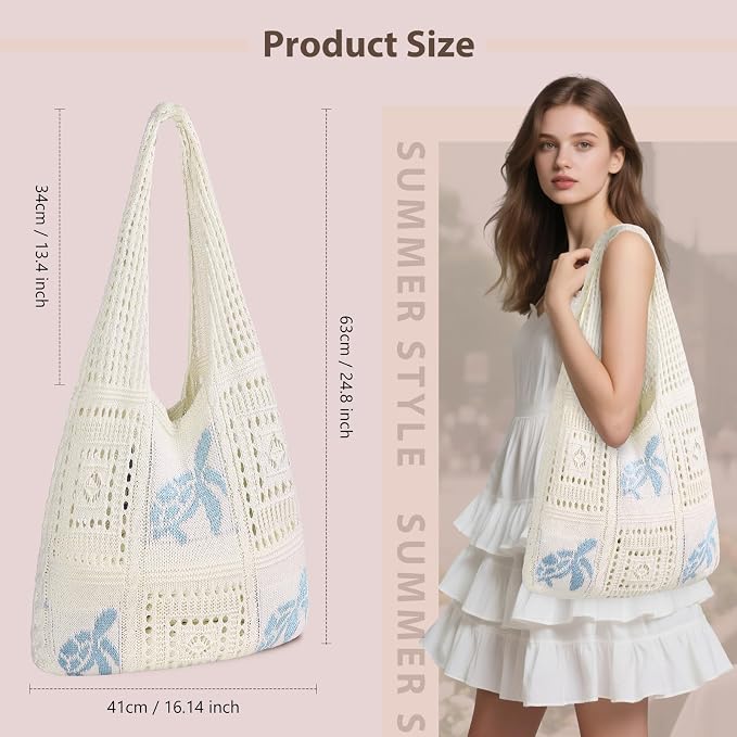 Sightor Crochet Tote Bag, Mesh Beach Bag Knit Summer Hobo Bag for Women | Beach Tote bag Vacation Outfits Aesthetic Boho Bag - Image 2