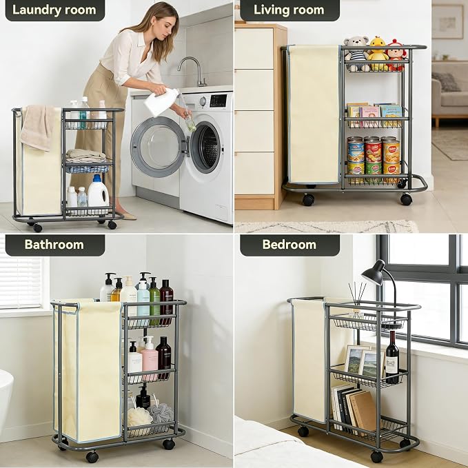 Narrow Laundry Cart with Wheels, 3 Baskets and 45L Laundry Bag | Metal Rolling Cart for Small Space, Laundry Room Organization and Storage, for Bathroom Living Room Apartment Dorm - Image 6