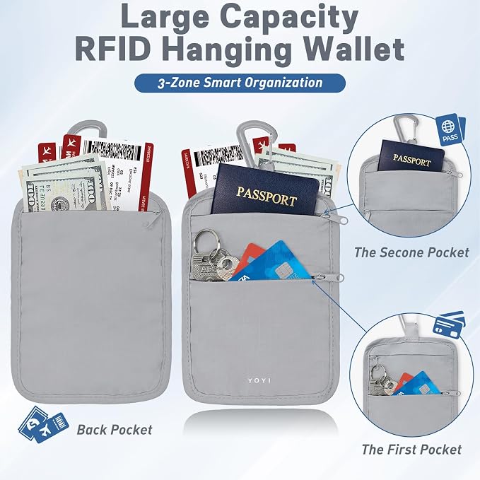 Anti-Theft Belt Waist Travel Wallet Hidden Passport 3-Zone Clip Carabiner | Water-resistant fabric with RFID blocking liner, fits passport, tickets, cards, and cash in 3 zones - Image 5