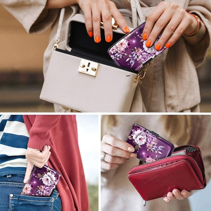 Credit Card Holder for Women,RFID Blocking Slim Hard Mini Flowers Card Case ID Case Travel Wallet Purple - Image 5