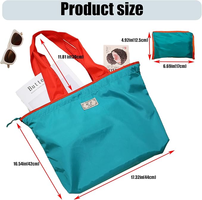4 PC Foldable Reusable Shopping Bag 210D Nylon Waterproof Travel Grocery Tote with Drawstring Mouth & Reinforced Handle - Image 3