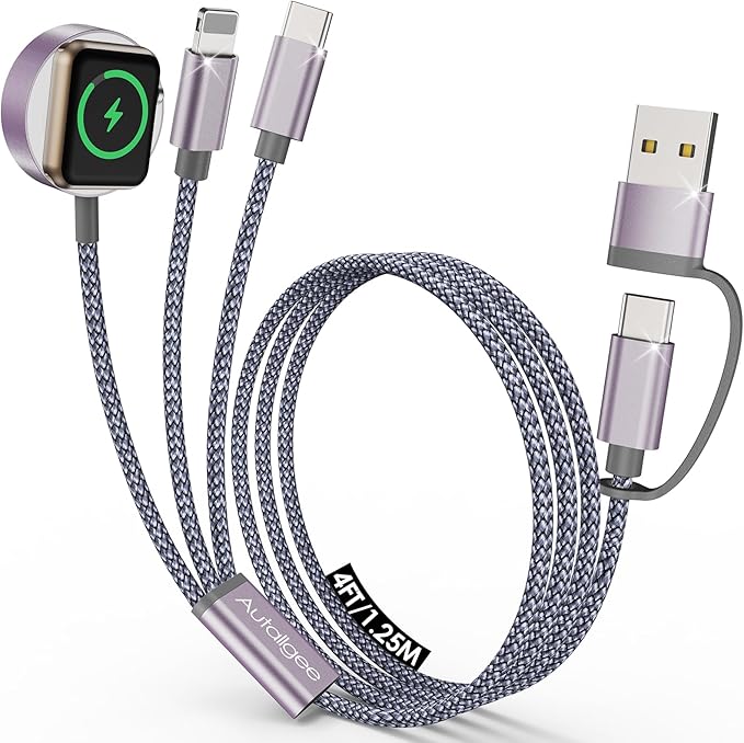 Travel Essentials,Multi Charging Cable for Apple Watch iPhone Charger Gray | 4FT for Airplane Gadgets RV Essentials for iWatch Ultra/10-2/iPhone 17-11/Samsung S25-S20,airPods,Car by Autallgee