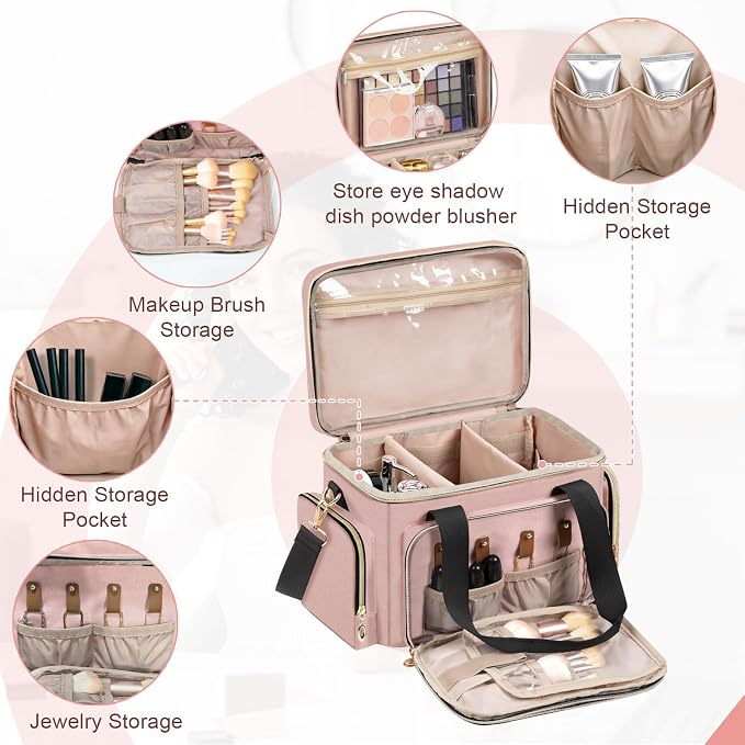 GDNasist Large Makeup Bag, Portable Travel Makeup Bag Organizer | Cosmetic Travel Bag for Women Girls with Removable Shoulder Strap & Detachable Dividers, Toiletry Bag for Makeup Pink - Image 4