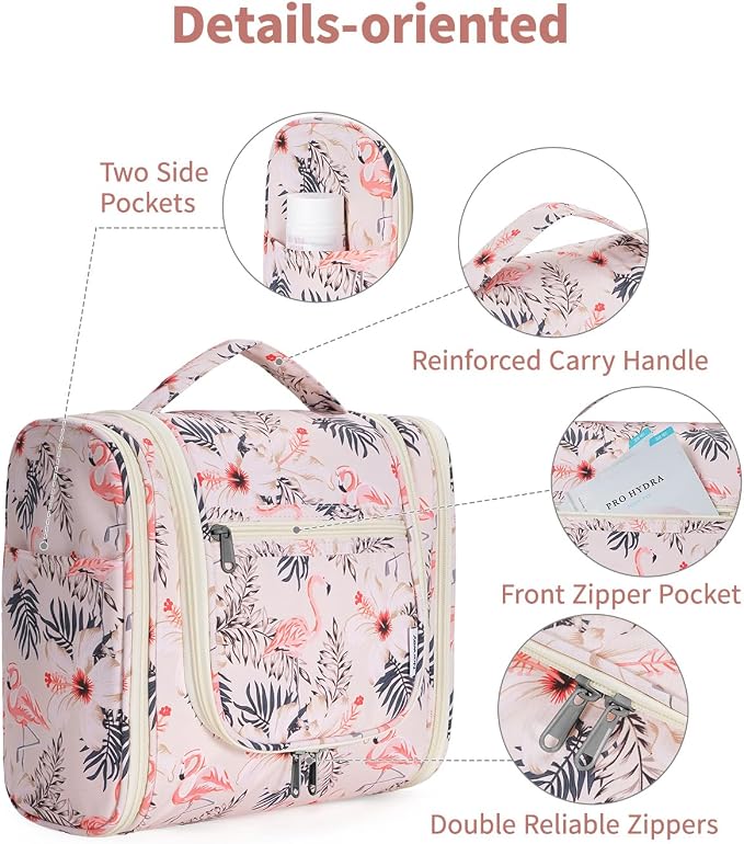 Narwey Hanging Toiletry Bag for Women Travel Makeup Bag Organizer Toiletries Bag for Cosmetics Essentials Accessories (Large, Beige Bird) - Image 6