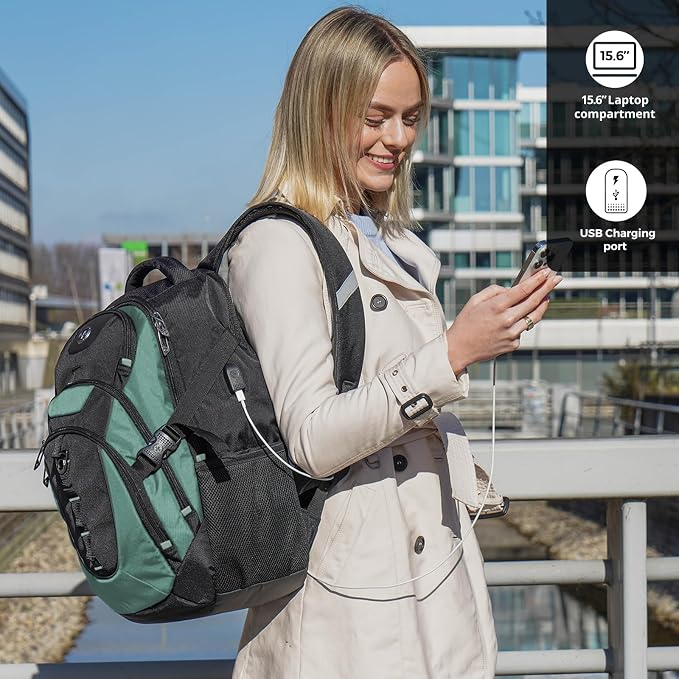Swissdigital Design Laptop Backpack with USB Charging Port, Travel Backpack Fits 15.6 inches Computer, 31L College School Backpack for Men, Lake Green/Black | SD803-27 - Image 2