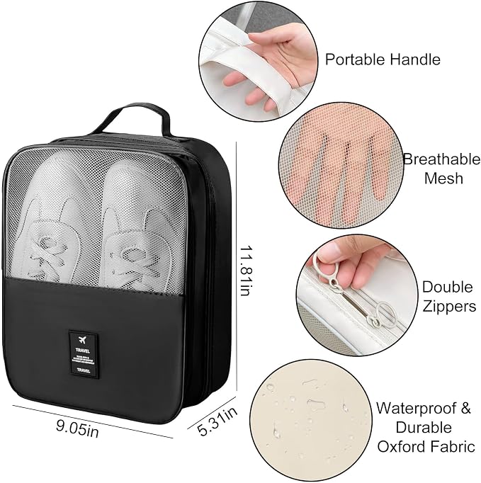 Shoe Bags for Travel Holds 3 Pair of Shoes, Shoe Storage Pouch with 2 Pack Portable Bags, Waterproof & Washable, Black - Image 2