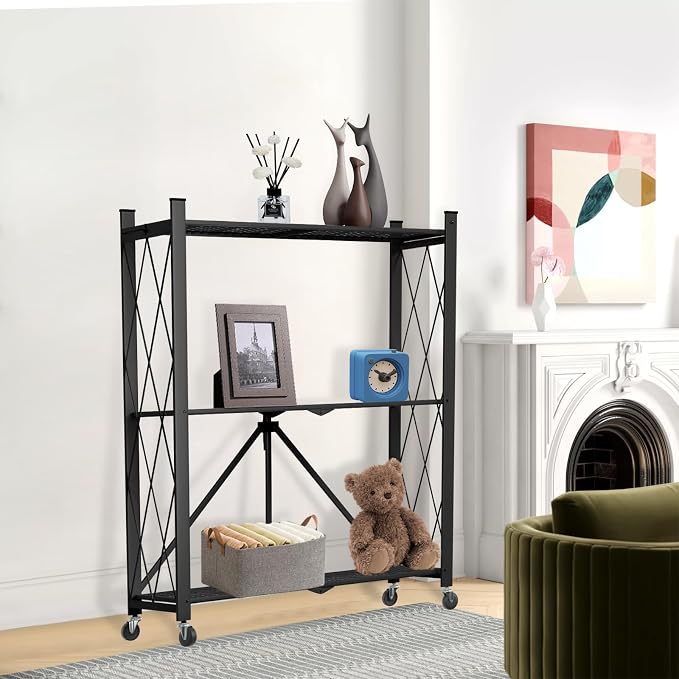 3 Tier Foldable Storage Shelf with Wheels Garage Shelving | Unit Loads 550 LBS, Metal Steel Collapsible Shelves, Rolling Standing Utility Rack for Kitchen, Pantry, Office, Black - Image 9