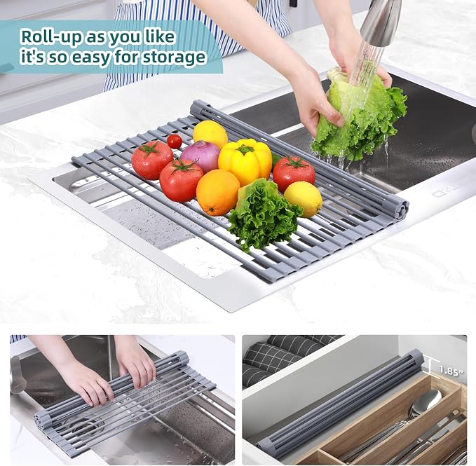 Ohuhu Roll Up Dish Drying Rack, Over The Sink Multipurpose Roll-Up Dish Racks, 16.5" W x 13" L Rolling Heat-Resistant Anti-Slip Silicone Coated Dish Drainer Portable Foldable for Kitchen Counter - Image 8