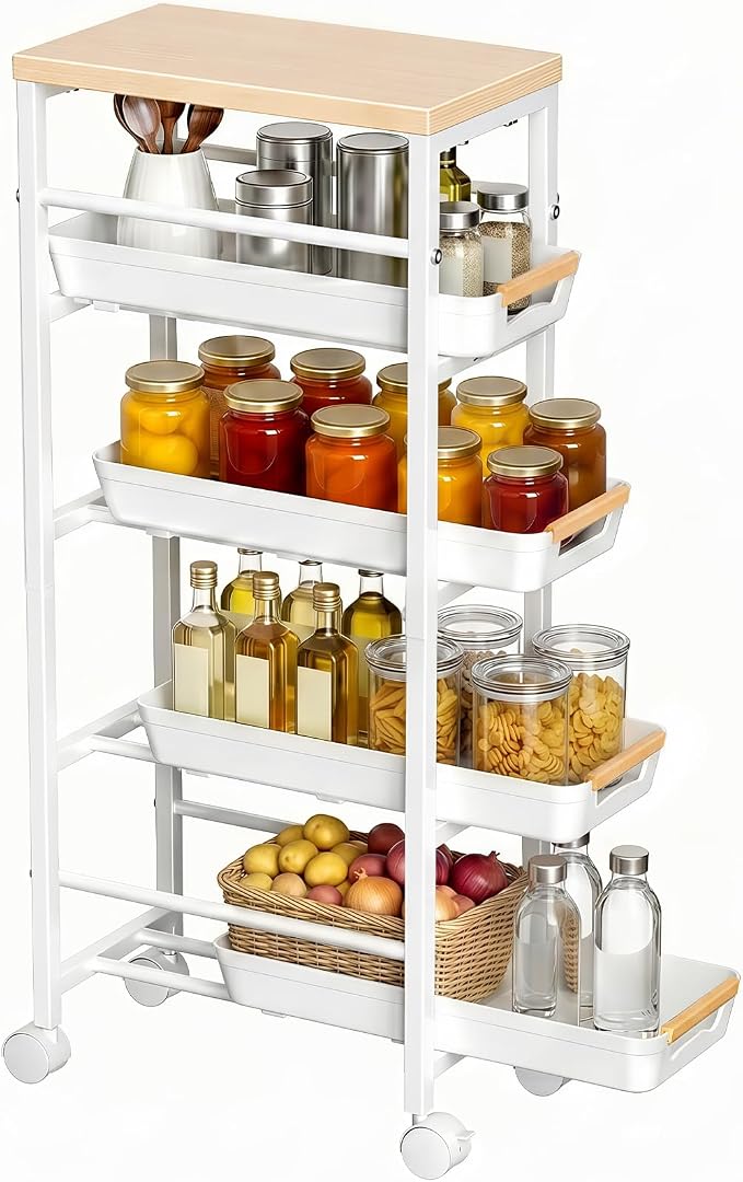 Pipishell Slim Storage Cart, Wooden Top Narrow Kitchen Storage Cart, White | 5 Tier Skinny Rolling Cart with Pull-Out Baskets, Vented Design & Lockable Wheels for Kitchen, Bathroom, Laundry Room - Image 8