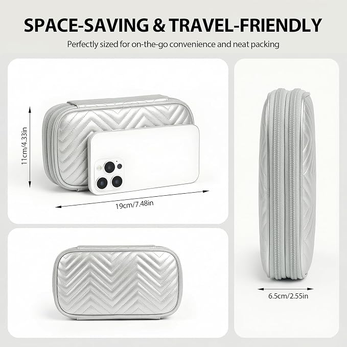 Double Layer PU Leather Electronics Organizer Bag Silver Gray | Water-resistant with 8 compartments and padded lining for tangle-free 3ft+ cords, chargers & phones. Includes 8 ties. - Image 2