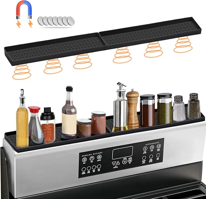 30 Inch Silicone Magnetic Stove Top Shelf, Kitchen Shelf Over Stove Spice Rack Apartment Must Haves Kitchen Gadgets for Above Stovetop Seasoning Organization and Storage with 2 Functional Prtitions by BFONS