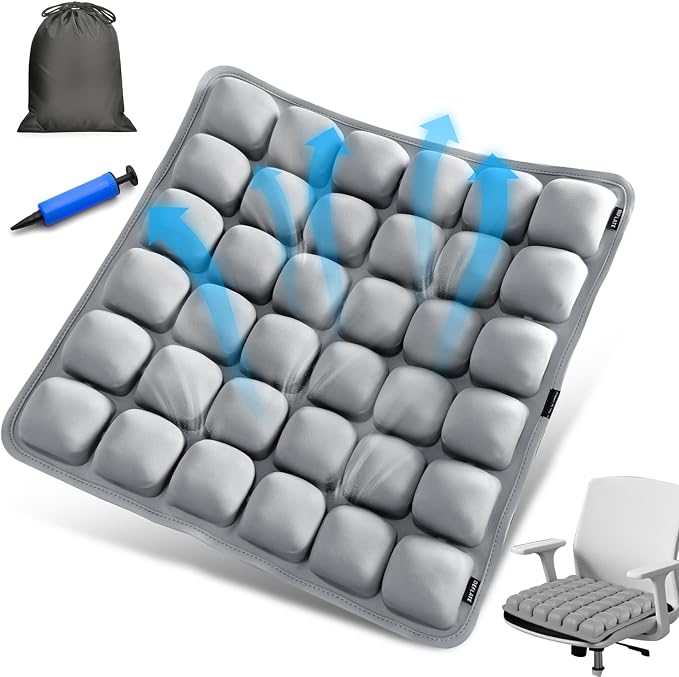 Grey Travel Seat Cushion – Portable Inflatable 3D Air Cell Seat Cushion for Long Flights, Car, Office, Wheelchair, Ergonomic Design for Tailbone Relief & Compact Support by Unknown